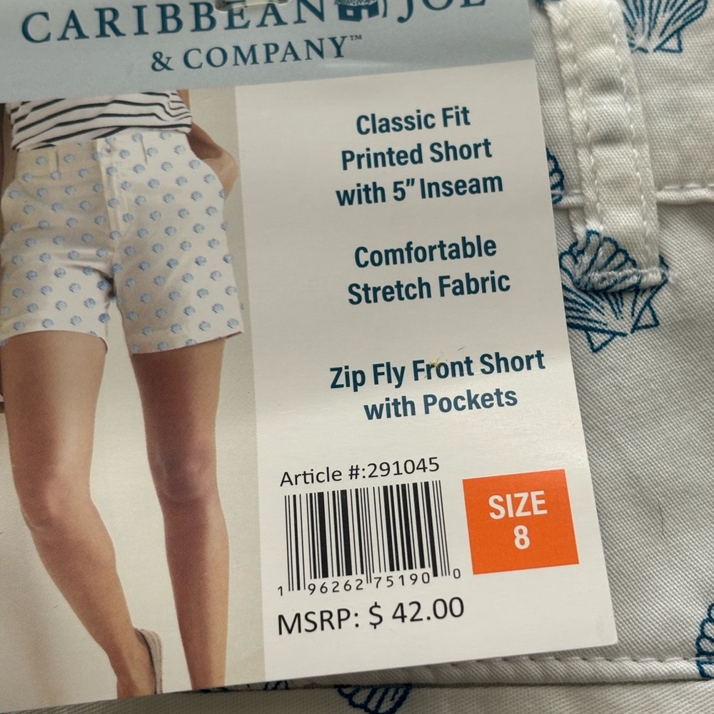 ❤️2/$15 or 3/$21❤️NWT Caribbean Joe White Shorts with Blue Shell Print, Size 8 - Picture 7 of 8